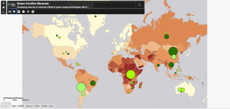 Global reserves of cobalt (bright green) and rare earths (dark green) mapped onto countries that are color-coded by their “fragility index” with warmer colors indicating a more fragile, conflict-prone state.